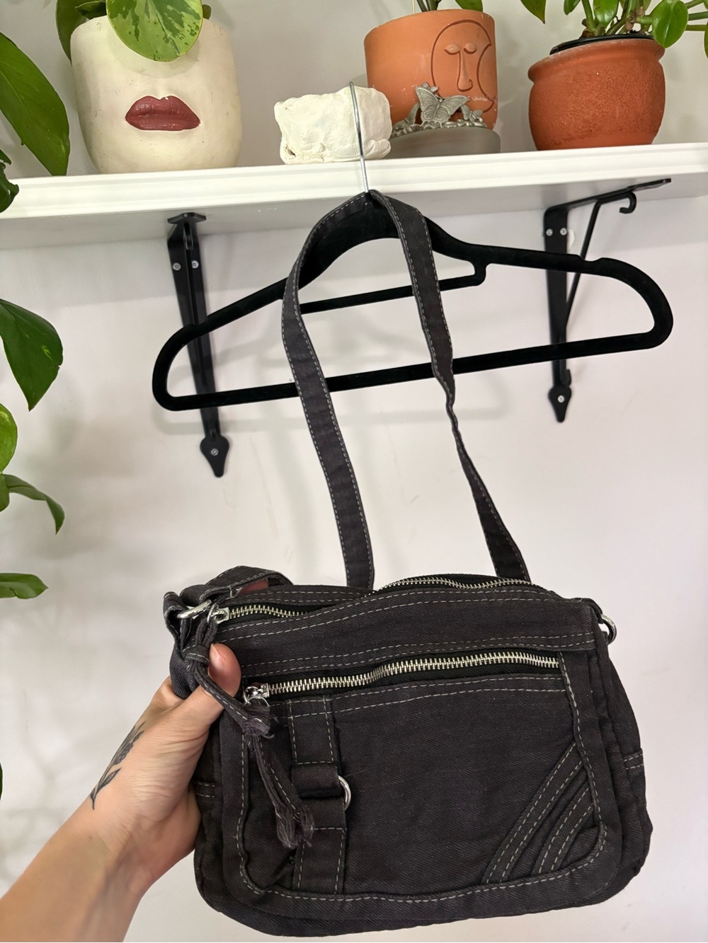 Small Black Canvas Crossbody Bag with Front Zip Pocket